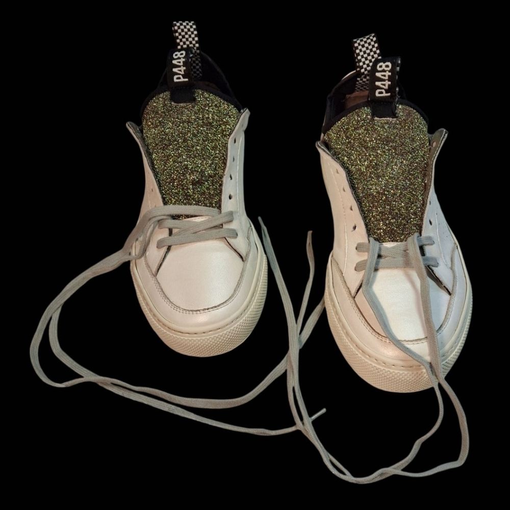 P448 You Can Surf Later White Leather Gold Glitter Tongue Sneakers Women Size 9 - Picture 8 of 16